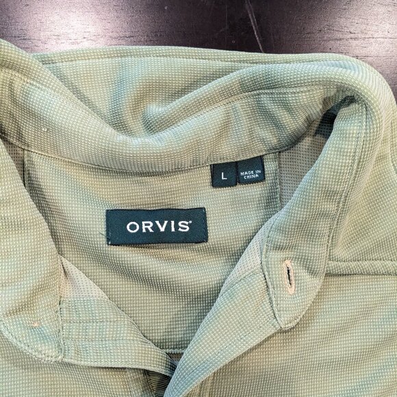 Orvis Mens Large Sage Green Textured Short Sleeve Button Down Camp Shirt Pocket - Picture 3 of 3